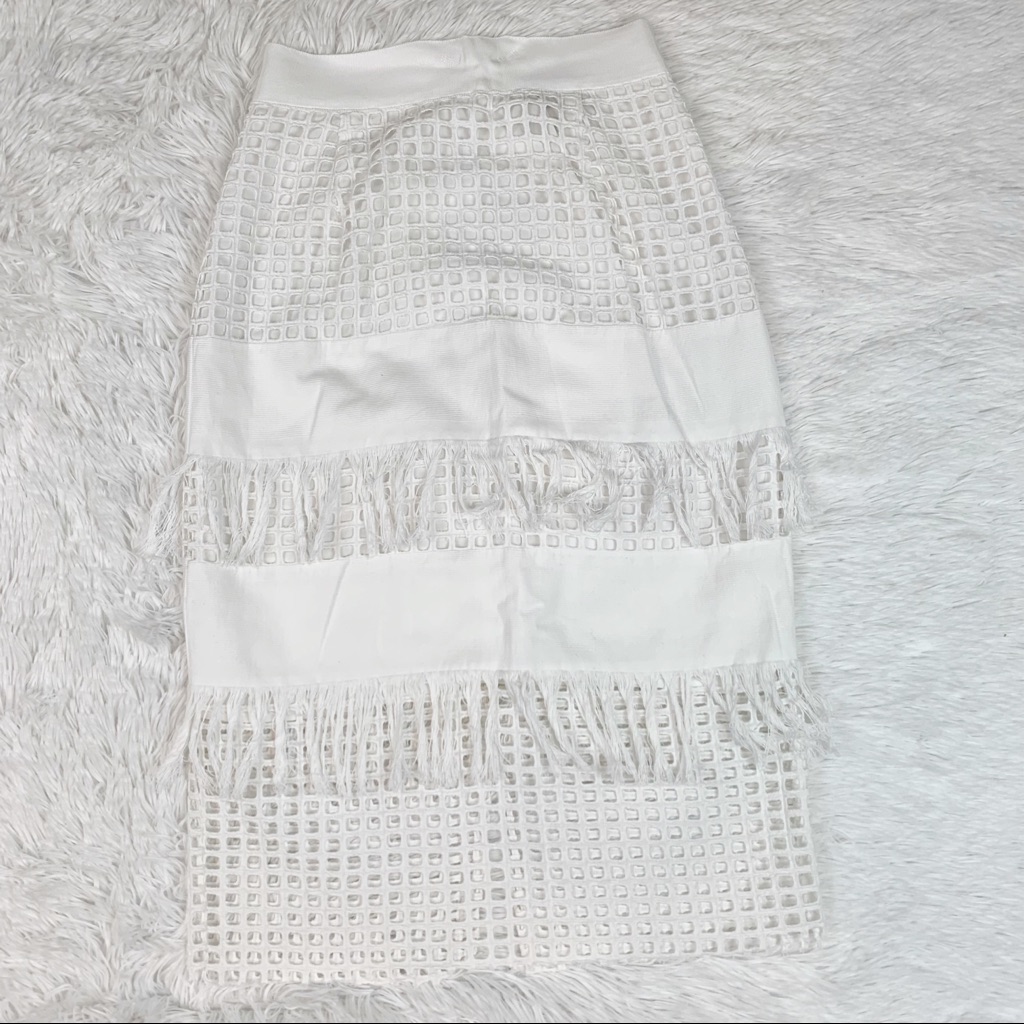 Sea New York Laser Cut Eyelet Fringe Midi Skirt In White High Waist Slit — image 4 of 8
